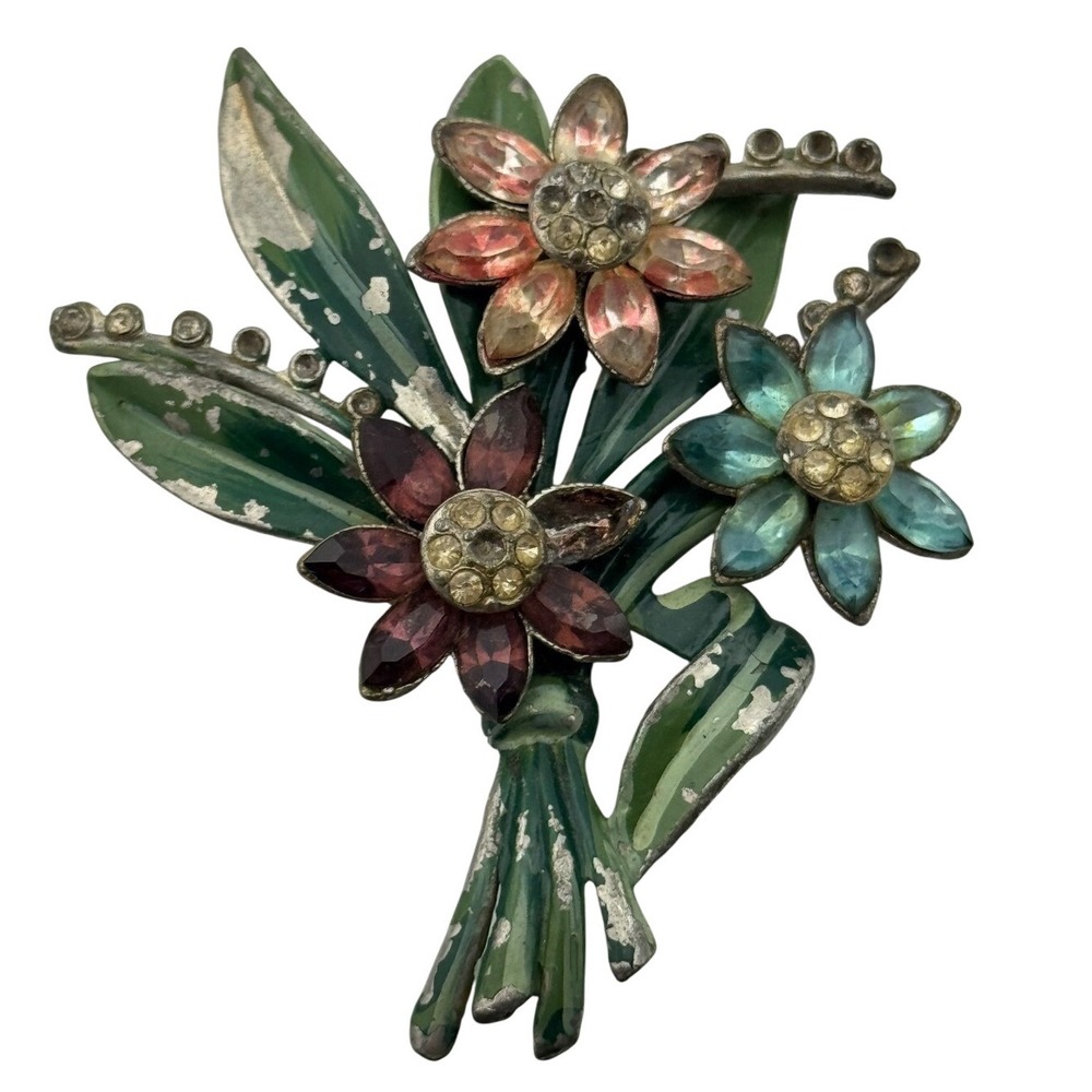 Vintage Rhinestone Enamel Spring Flower Bouquet Pot Metal Brooch Pin For Repair